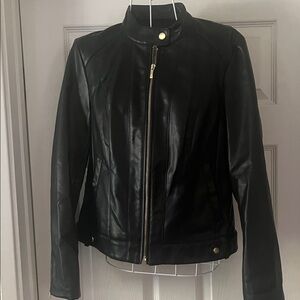 Cole Haan Black Leather Feel Biker Jacket with Gold Accents Zipper